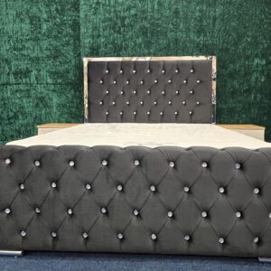 Black velvet bed with diamond buttons and chrome headboard by ZAK Furniture