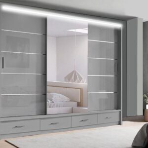 Florence High Gloss Mirror Sliding Door Wardrobe LED Drawers Smart Storage – 205/256cm, ZAK Furniture