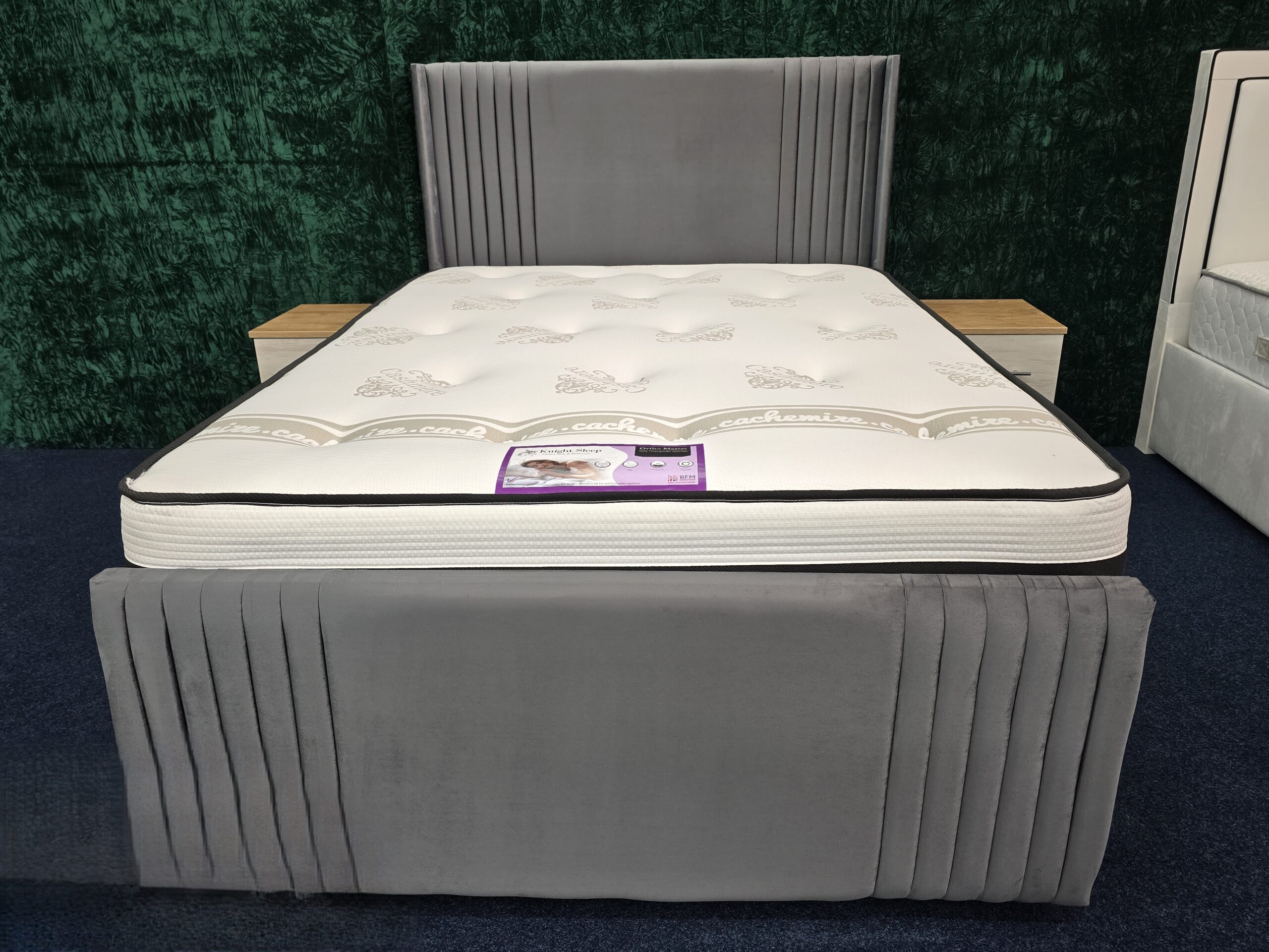 Grey velvet vertical panel bed frame by ZAK Furniture