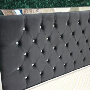 Diamond button tufted black velvet headboard with chrome trim