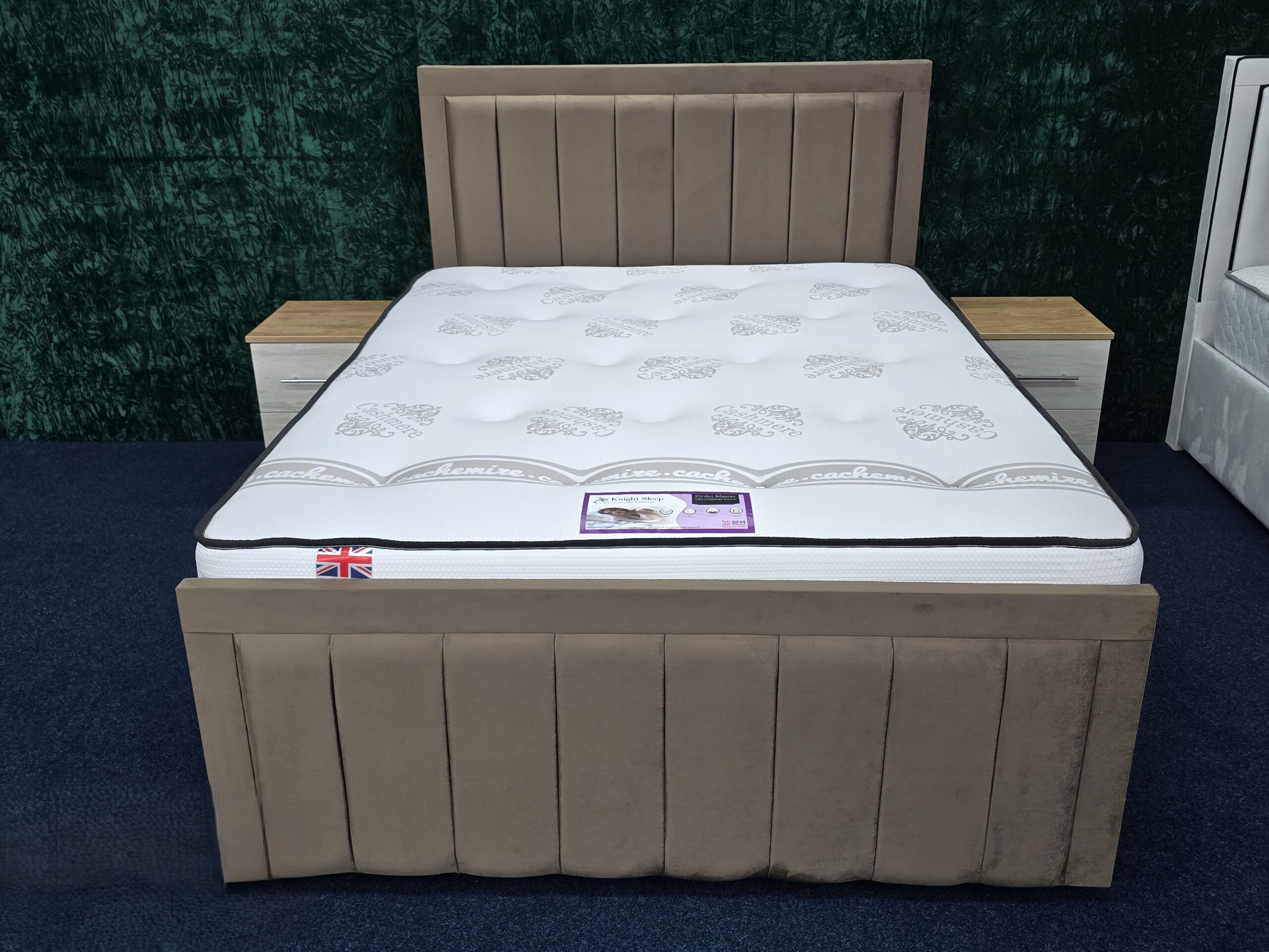 Beige velvet bed frame with vertical panel headboard by ZAK Furniture