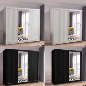Wave Sliding Door Wardrobe with Modern Textured Panels and Mirror Storage System for Bedrooms Zak
