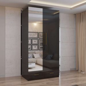 2 Door High Gloss Hinged Wardrobe with Full Mirror, Storage Shelves, Modern Bedroom Design Zak
