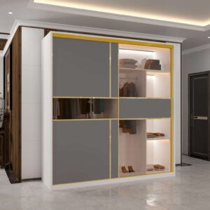 New MDF Glass Sliding Door Wardrobe 1st Branding with Modern Gold Trim and Storage Design Zak