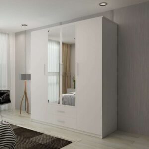 London New Hinged 4 Door Wardrobe With Mirror, Drawers & Storage Shelves Modern Design 171cm Zak