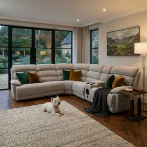 Zak Lakelyn Light Grey Fabric Electric Recliner Corner Sofa with Storage Console & Bluetooth - Zak Furniture
